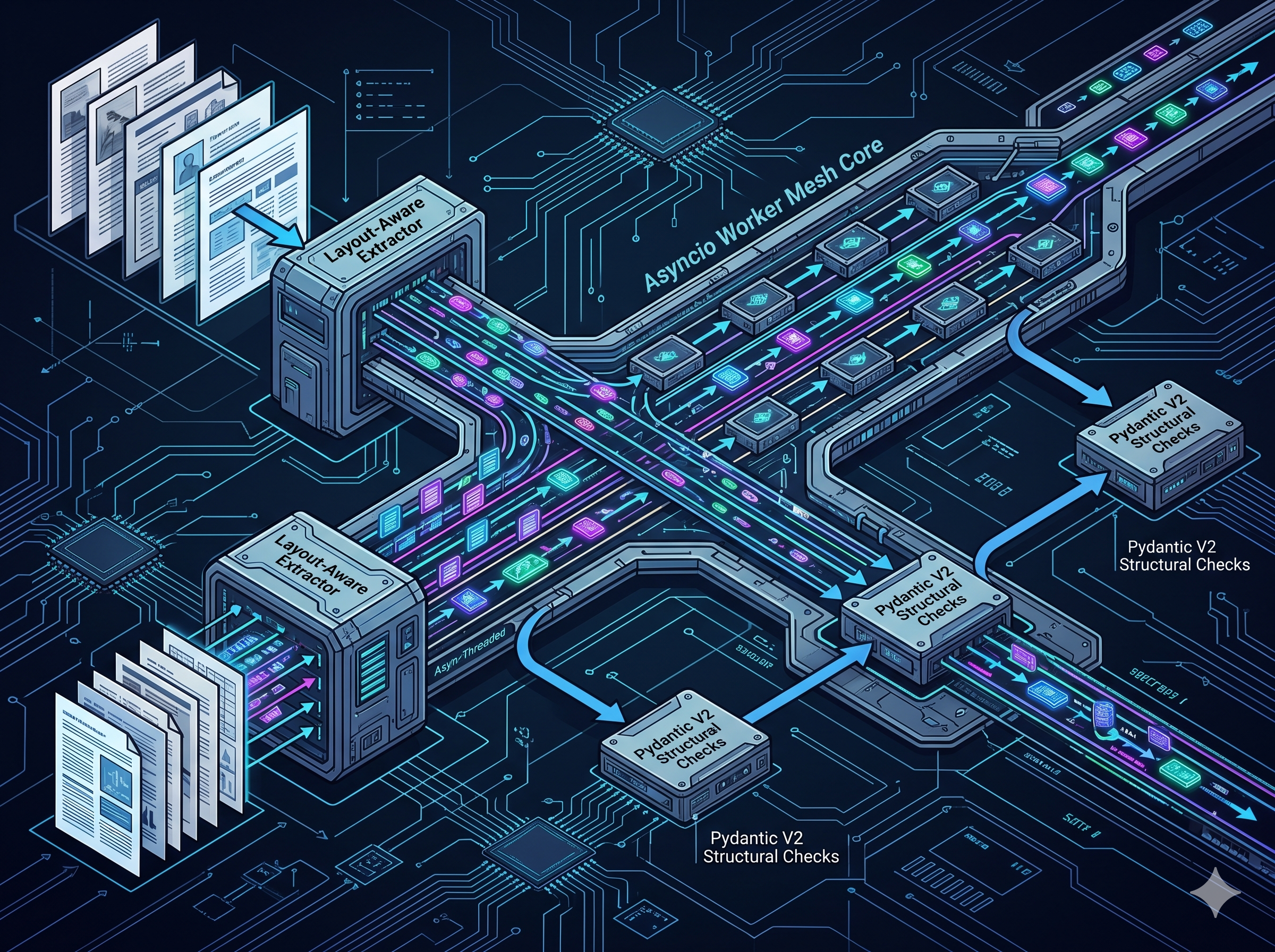 Diagram showing asyncio orchestrator workers handling data pipelines